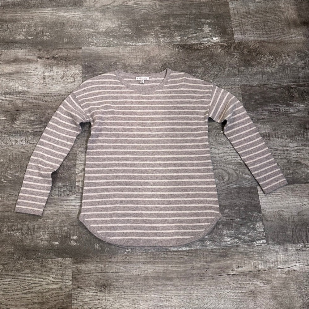 Philosophy Cashmere Striped Sweater Womens XS Taupe Cream Crew Neck